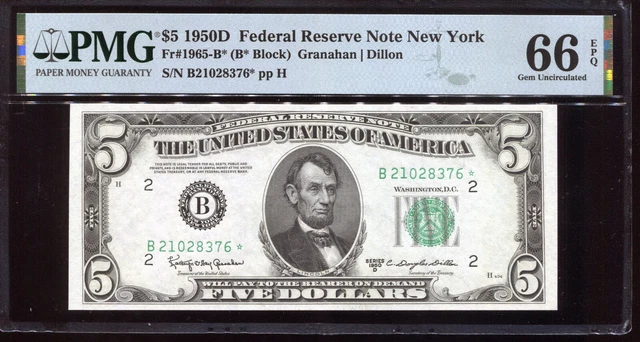 1950-D $5 Federal Reserve **STAR** Note New York PMG Gem Unc 66EPQ #B21028376*