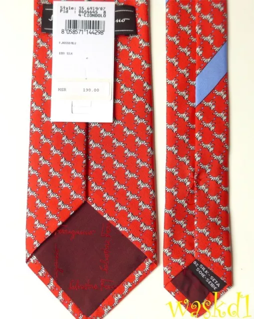 SALVATORE FERRAGAMO Red with white & aqua ZEBRAs print silk MENS tie NWT Authent 2