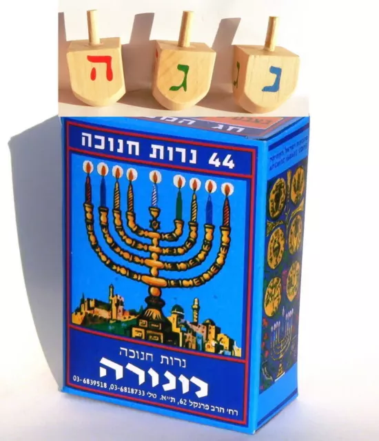 Hanukkah Candles + 3 Cute Wooden Dreidels Wood Tops Chanukah Gift Made in Israel