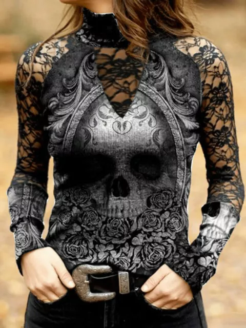 Fashion Women Ladies Gothic Skull Causal Blouse Lace Top T-shirt Size 6-22 Black