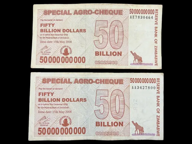 2x Zimbabwe 50 Billion Dollar Special Agro Cheque Bill Banknote - Pre Trillion