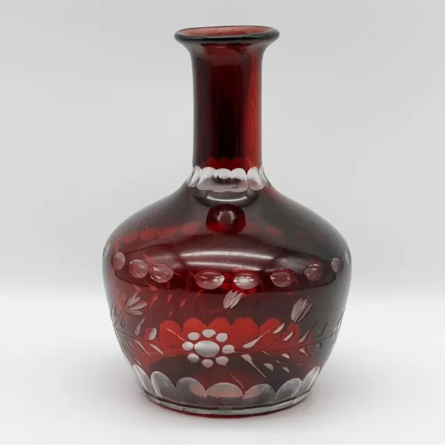 Vintage Czech Bohemian Ruby Red Cut To Clear Floral Etched Glass Decanter Vase