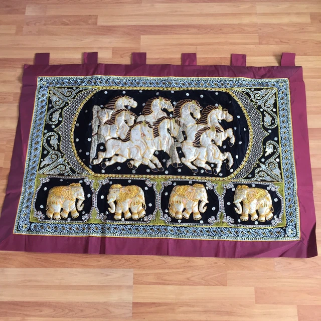 kalaga tapestry 8 horses lucky wall hanging thai burmese  embroidered elephant