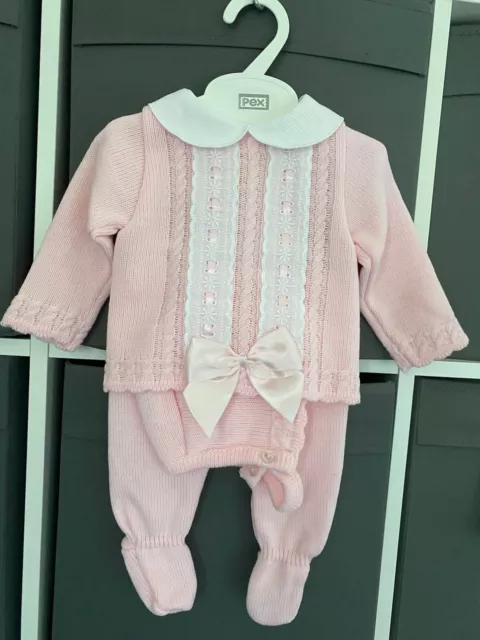 Baby Girls Spanish Knitted Outfit Pink Bow Jumper, Leggings & Bonnet Pram Set