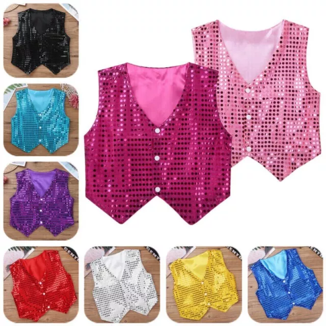 Kids Boys Dance Tops Stage Performance Costume Sequined Vest Jacket Waistcoat