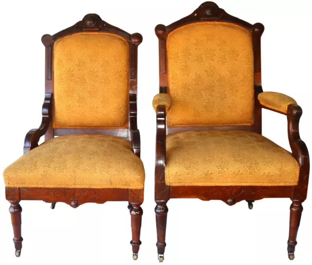 Antique Victorian Eastlake Mahogany Upholstered Parlor Chairs Pair ~ $0 Shipping