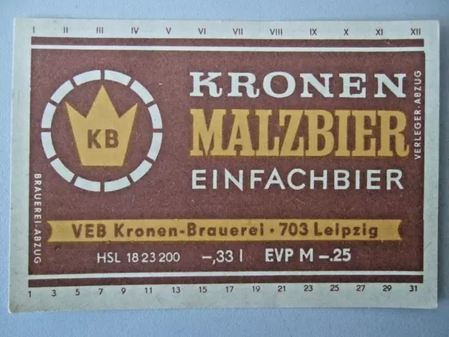 1 DDR-Bier-Etiketten - Malzbier - VEB Kronen-Brauerei, Leipzig, Sachsen, DE