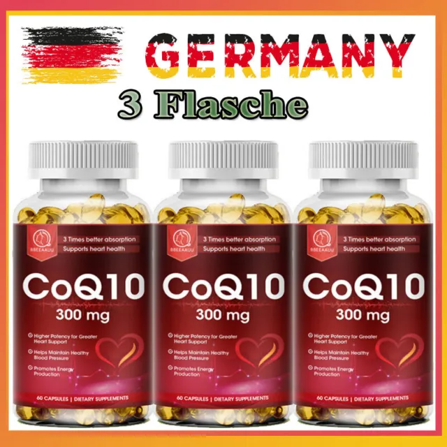 3 Flaschen Coenzyme Q10 Kapseln hochdosiert - 300mg - 100% CoQ10 Ubiquinon
