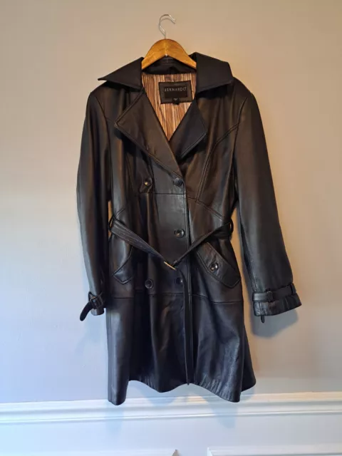 Bernado Black Soft Leather Classic Jacket OverCoat Buttons Belted Women size L
