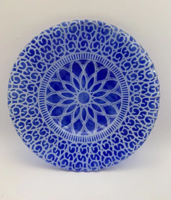 Vtg Sydenstricker Fused Art Glass Dish Blue Embassy Pattern  7.5” Cape Cod