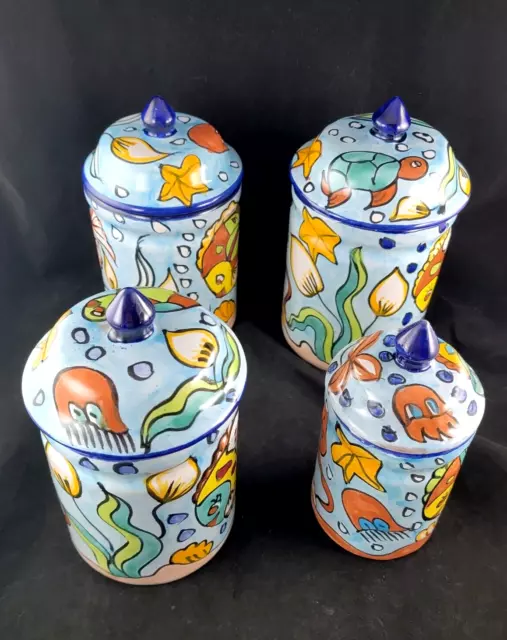Talavera Mexican Pottery Hand Painted Fish Ocean Marine Canisters Set 4