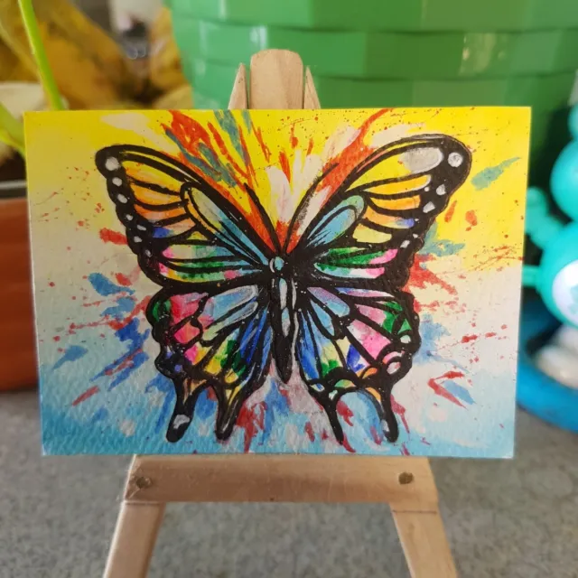 Moth Colorful Butterfly ACEO Original Pop Art Card Acrylic Hand Painting