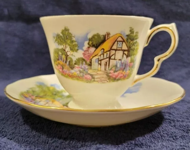 Vintage Queen Anne Tea Cup & Saucer Tudor Cottage Gold Gilt England Bone China