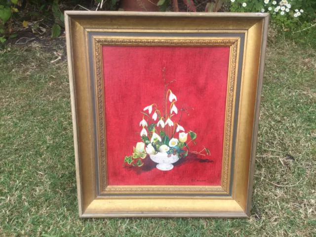 Vintage Original Framed  Oil Painting Signed Snowdrop Flowers Floral Picture