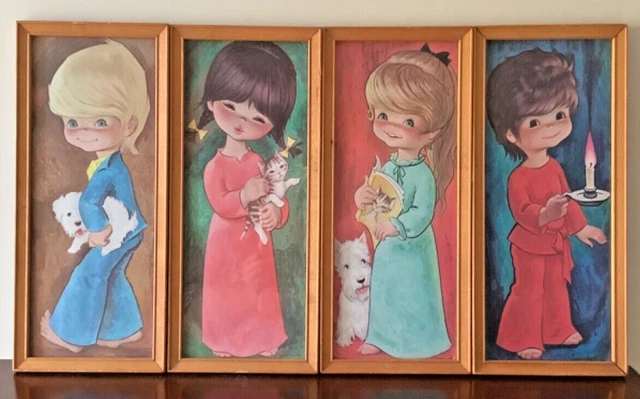 Set of 4 Vintage Jandro Kids Litho 1971 Prints in wood frames ready to hang