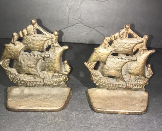 Pair Antique Cast Iron Pirate Galleon Corp. Ship 1928 Bookends Brass Finish