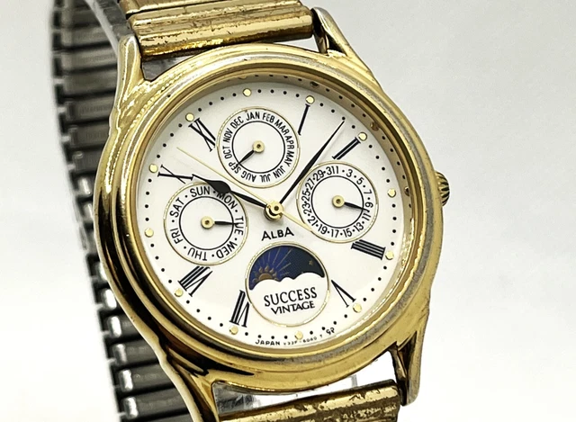 VINTAGE SEIKO ALBA Success Moonphase Triple Calendar Men's Wristwatch ...