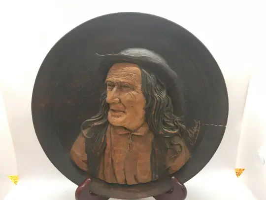 Vintage Hand Carved 3-D Wooden Plate of French Farmer Man ~ Signed F Thepot