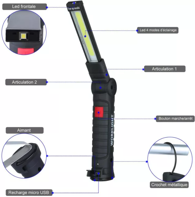 Lampe à Leds 5 modes d'éclairage rechargeable USB longue autonomie 360°.