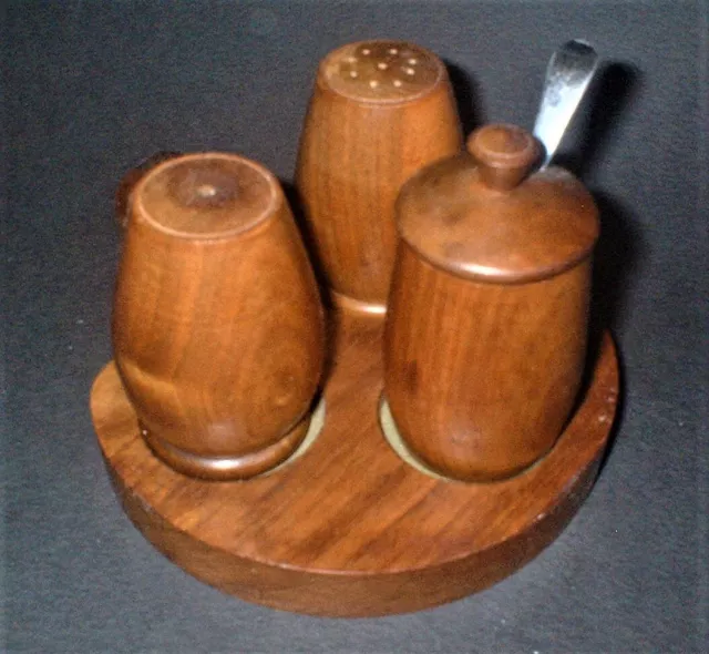 VINTAGE 1970's THREE PIECE WOOD TEAK CONDIMENT SALT & PEPPER CRUET SET - Retro