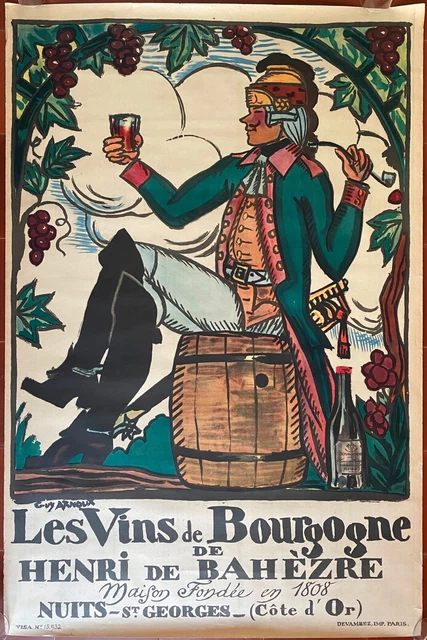 Affiche LES VINS DE BOURGOGNE Nuits-St Georges Côte d'Or GUY ARNOUX 80x120 20's