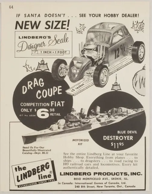 1964 Magazine Ad for Lindberg Model Kits Fiat Drag Coupe Skokie,Illinois