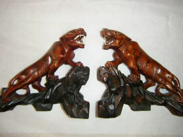 Pair of Antique Chinese Wooden Hand-Carved Tigers on Carved Rock Formations