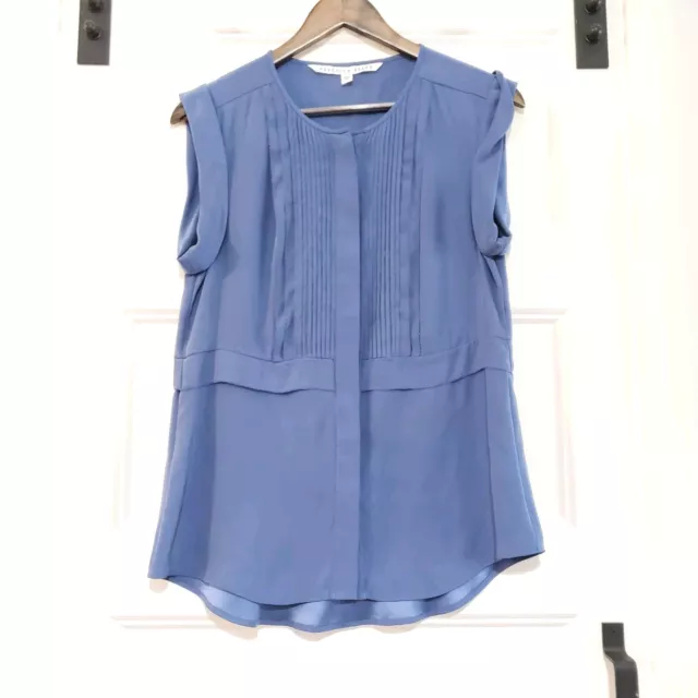 Veronica Beard Womens 4 Silk Pintuck Short Sleeve Button Up Top Blue See Photos