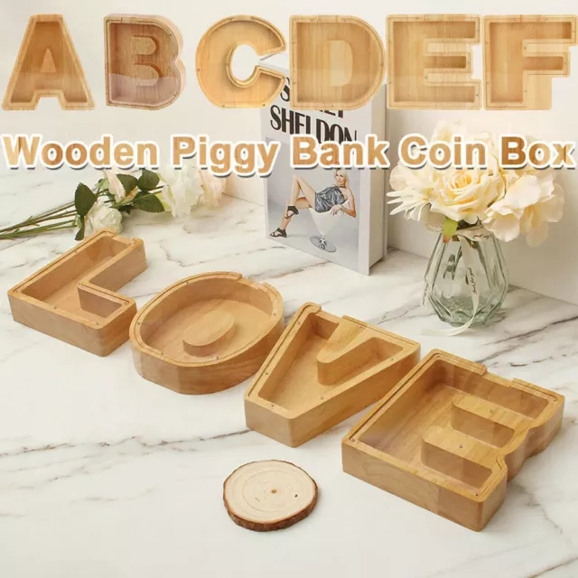 Wooden Piggy Bank Letter-Shaped Piggy Bank W/ DIY Sticker Money Box Kids Gift`