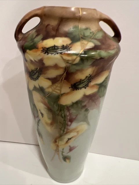 Vintage Bavaria Germany Porcelain  Hand Painted Vase Floral  9”Gold Trim