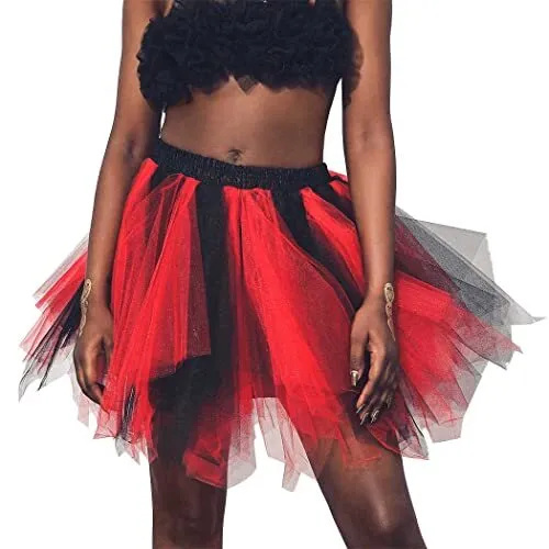 Layered Tutu Skirt Tulle Elastic Dance Skirt Party 40 Short Black With Red