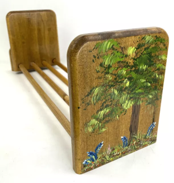 VTG 19" Expandable Shelf Wooden Book Holder Stand Painted Bluebonnets/Tree