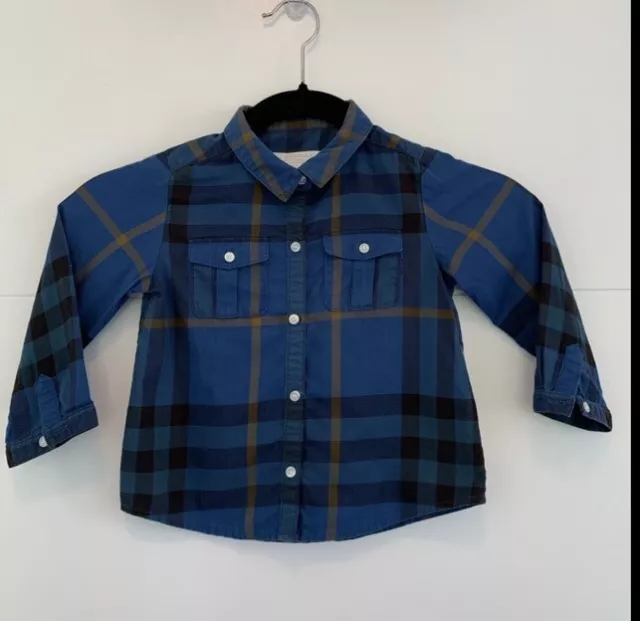 Burberry Boys Toddler Kids Children Nova Check Button Front Shirt Sz 2Y Blue