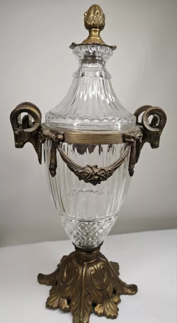 19 Century French Crystal & Brass Cassolette Urn Vase Ram's Head Handles