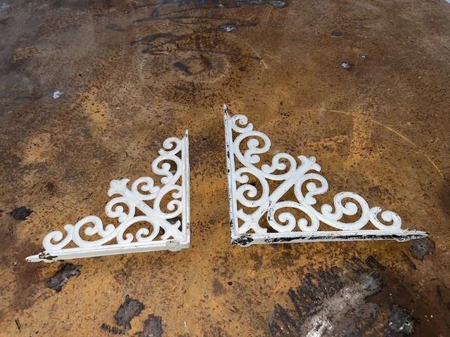 Lot of 2 Cast Iron White Decorative Shelf Brackets. 2 different sizes