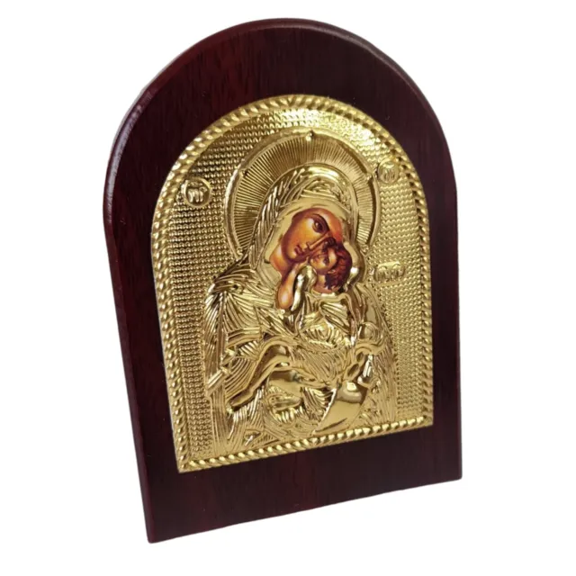 Orthodox Gold Plated Mother Mary & Jesus Religious Icon Plaque Red Wood Frame