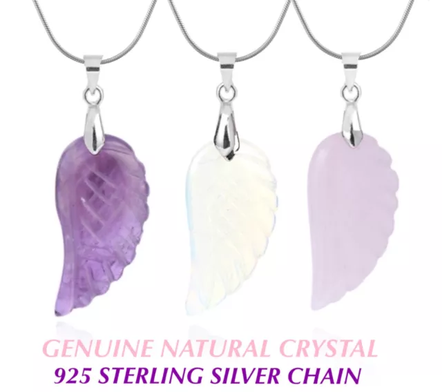 Angel Wing Genuine Crystal Natural Stone Pendant 925 Sterling Silver Necklace