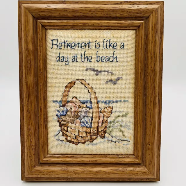 Framed Cross Stitch Retirement Is like a day at the beach Signed Vintage