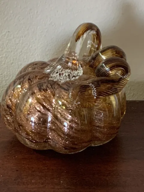 Hand Blown Art Glass Crackle Pumpkin with Swirled Stem Holiday Decoration Amber