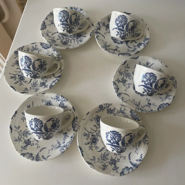 6 Tasses Et Sous Tasses A Café Gien Wild-flower Fleurs Bleues Collection Déco