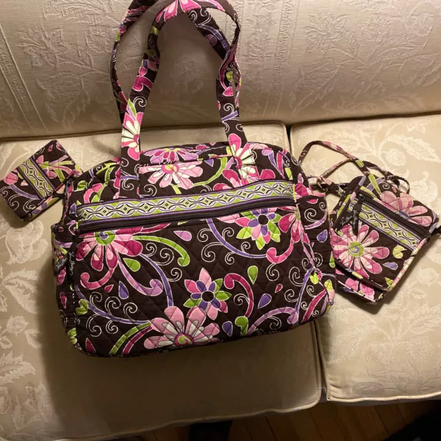Vera Bradley Purple Punch Lot 3 Items Diaper Bag Tote, Crossbody Purse + Wallet