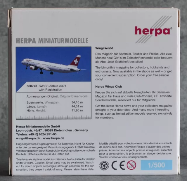 Herpa Wings 1:500 Nr. 508773 Airbus A 321 „Swiss“ in OVP 3