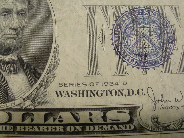 1934 D Series $5 Silver Certificate VG Blue Seal No Pin Holes 6