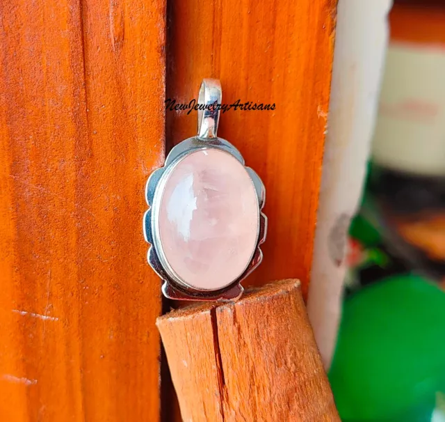 Rose Quartz Designer Pendant 925  Silver Handmade Jewelry Gift For Love