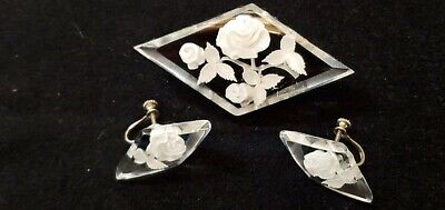 Vintage Reverse Carved White  Rose Flower  Brooch Pin with Earrings