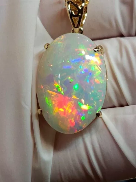 5Ct Oval Schliff Feuer Opal Solitär Anhänger 14K Gelb Vergoldet 45.7cm Kette