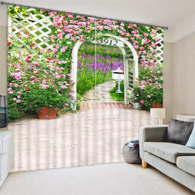 Arch Garden Gate Flowers 3D Blockout Photo Printing Curtains Draps Fabric Window