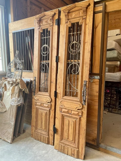 Antique Reclaimed French Double Doors Knotty Pine & Iron Set 8 Feet Tall
