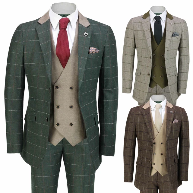 MENS CLASSIC 3 Piece Tweed Suit Herringbone Check Smart Retro Tailored