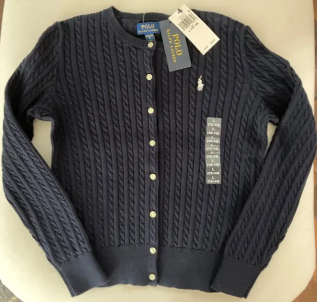 NWT POLO RALPH LAUREN NEW GIRLS CORE SWEATER CARDIGAN Sz L (12-14) NAVY BLUE